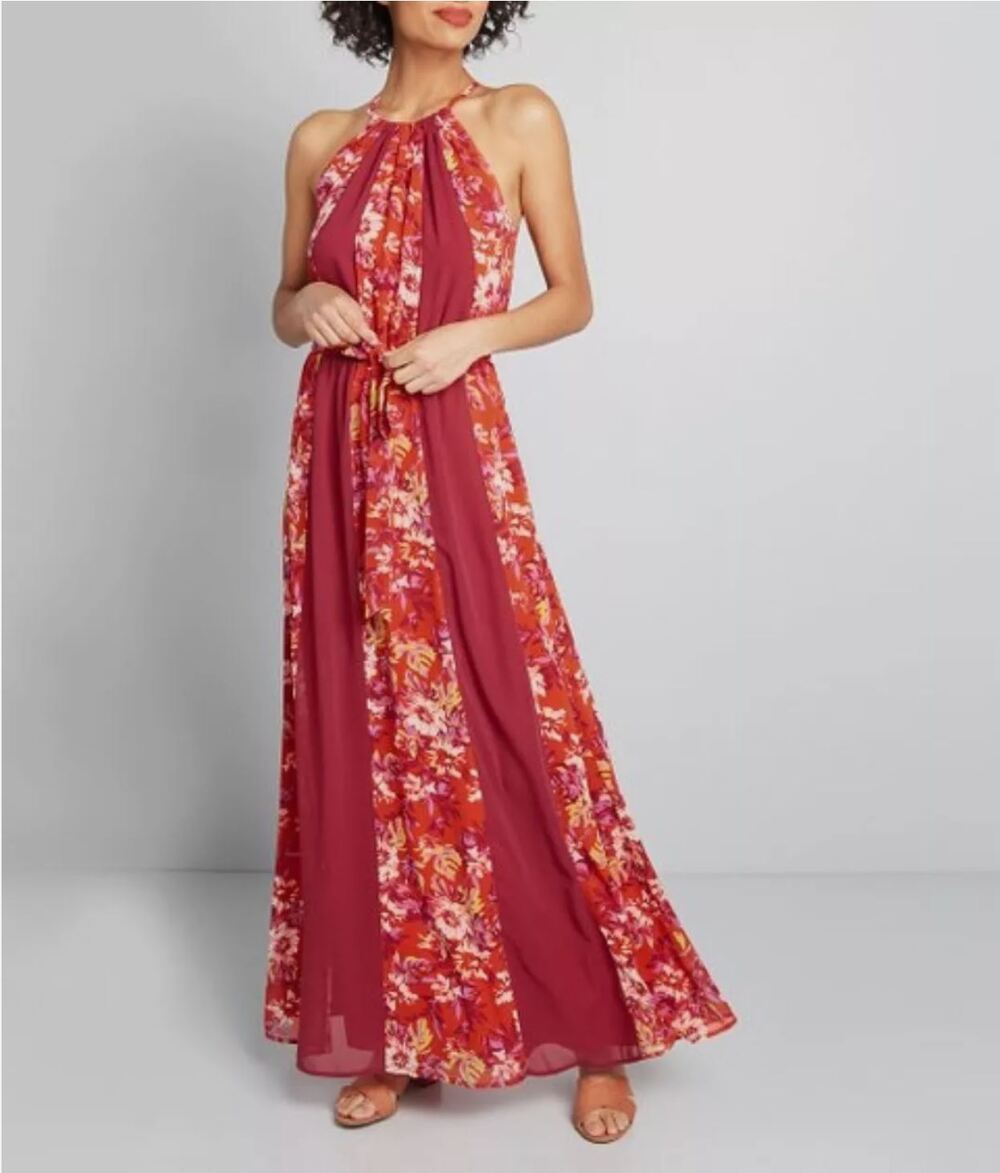 ModCloth Illuminated Elegance Maxi Dress Large Floral Panel Belted Halter Dress